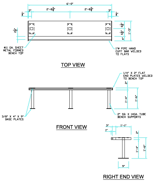 steel bench drawing with top, front, and end views